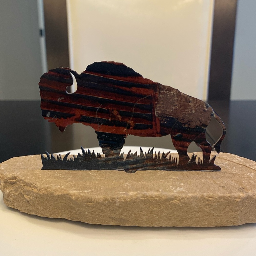 Lazart Metal Art Buffalo Prairie Sculpture on Sandstone